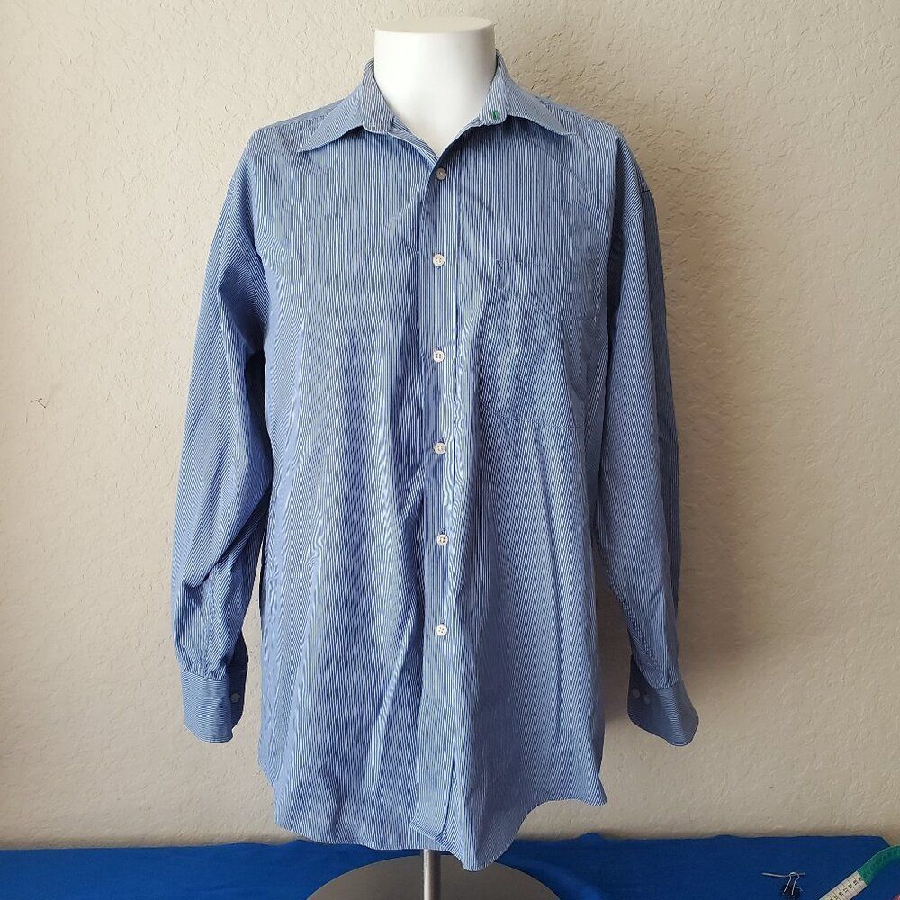 VTG Tommy Hilfiger Striped Dress Shirt L 16.5 32-33 Blue White 100% Cotton